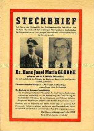 Propagandaschrift der DDR mit scharfer Polemik gegen den bundesdeutschen Staatssekretär Globke wegen dessen NS-Vergangenheit in Form eines Steckbriefes