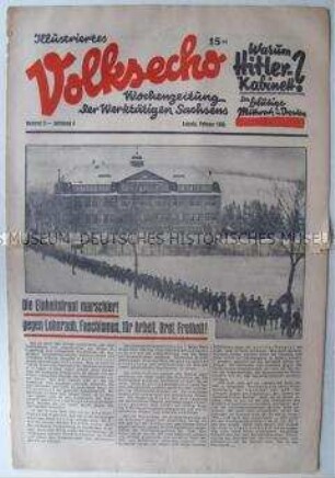 Kommunistische Wochenzeitung "Illustriertes Volksecho" u.a. zum Polizeieinsatz gegen eine Wahlveranstaltung der KPD im "Keglerheim", bei dem 9 Kommunisten getötet wurden