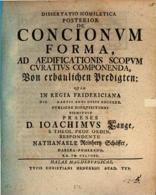 Diss. poster. de concionum forma, ad aedificationis scopum curatius componenda