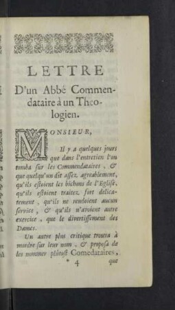 Lettre d'un Abbé Commendataire à un Theologien.