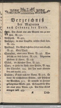 Verzeichniß der Materien nach Ordnung der Verse