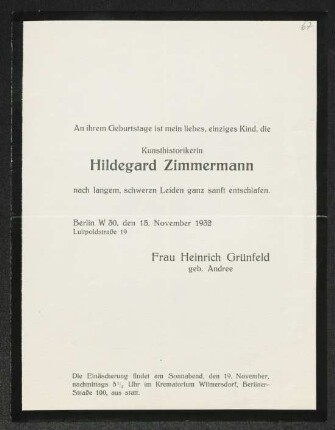 Brief von Adelheid Andree an Gerhart Hauptmann