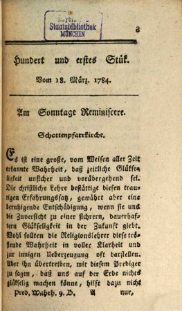Wöchentliche Wahrheiten für und über die Prediger in Wien. 9. 1784