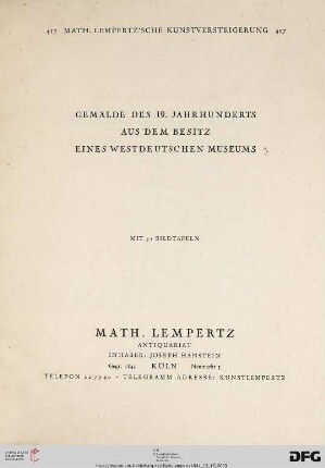 Nr. 417: Math. Lempertz'sche Kunstversteigerung: Gemälde des 19. Jahrhunderts aus dem Besitz eines westdeutschen Museums : [17. Dezember 1941]