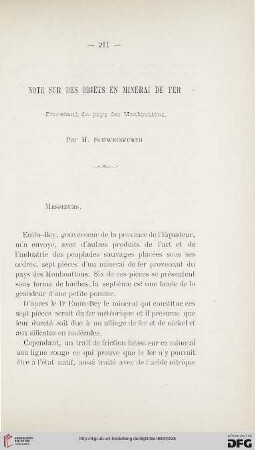 2.Ser. 4.1883: Note sur des objets en mineral de fer : provenant du pays des Monbouttous