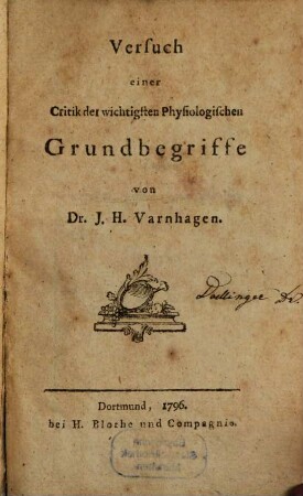 Versuch einer Critik der wichtigsten Physiologischen Grundbegriffe
