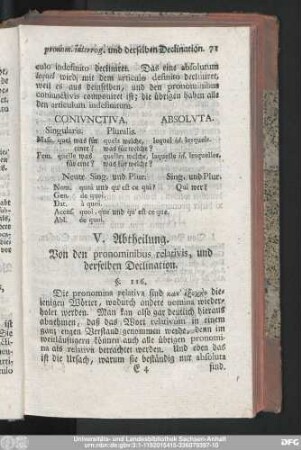 V. Abtheilung. Von den pronominibus relativis, und derselben Declination.