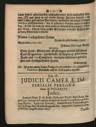 Lit. F. Judicii Camerae Imperialis Personae Anno M. DCLXXXVI.