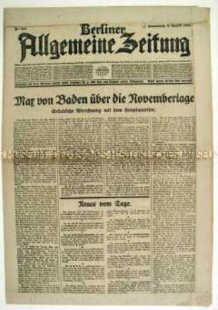Tageszeitung "Berliner Allgemeine Zeitung" mit einer Stellungnahme Max von Badens zur Novemberrevolution 1918