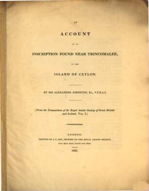 An account of an Inscription found near Trincomalee in the Island of Ceylon
