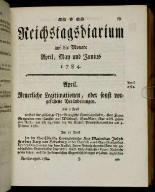 Reichstagsdiarium auf die Monate April, May und Junius 1784.