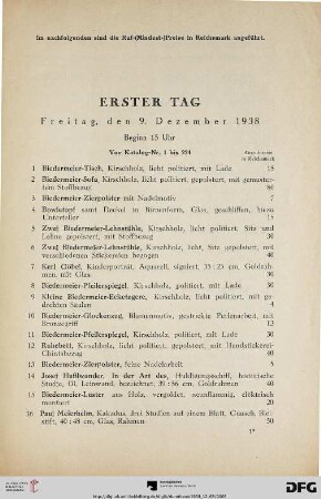 Erster Tag: Freitag, den 9. Dezember 1938, Beginn 15 Uhr (Nr. 1-224)