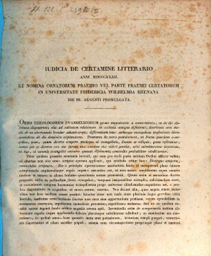 Iudicia de certamine litterario anni ... et nomina praemio vel parte praemii certatorum in Universitate Friderica Wilhelmia Rhenana, 1832