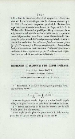 Rectification et quadrature d´une ellipse sphérique.