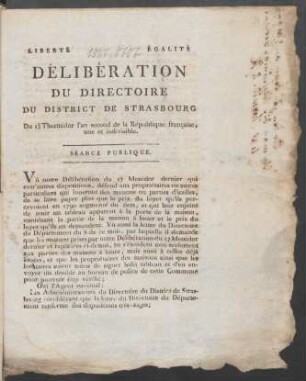 Délibération Du Directoire Du District De Strasbourg Du 15 Thermidor l'an second de la République française, une et indivisible : Séance Publique