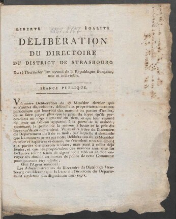 Délibération Du Directoire Du District De Strasbourg Du 15 Thermidor l'an second de la République française, une et indivisible : Séance Publique