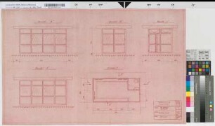 [Vorgefertigte Gebäude]: Verkaufskiosk: Grundriß, Ansichten, M. 1:25