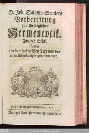 2: Worin von dem hebreischen Text und den alten Uebersezungen gehandelt wird