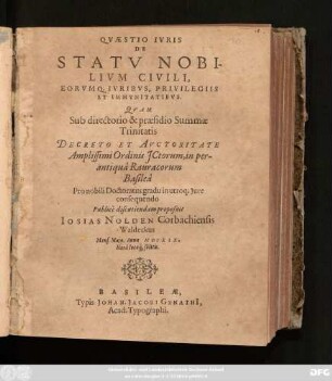 Quaestio Iuris De Statu Nobilium Civili, Eorumq. Iuribus, Privilegiis Et Immunitatibus