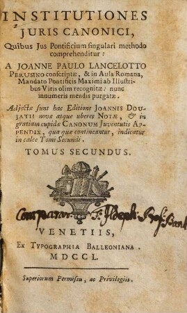 Institutiones juris canonici, Quibus Jus Pontificium singulati methodo comprehenditur, 2