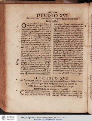 Decisio XVI. An contra jus commune status imperii statuta provincialia facere possint?