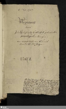 Verzeichniß derer zur Churfürstl[ichen]. Bibliothek gelieferten privilegirten Bücher von anno 1751. an bis mit den 1781sten Jahre. Vol. 1. - Bibl.Arch.I.C,Vol.275.a