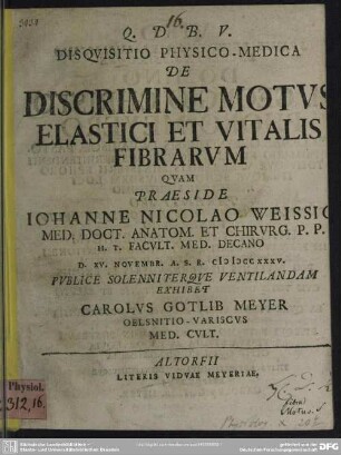 Disquisitio Physico-Medica De Discrimine Motus Elastici Et Vitalis Fibrarum