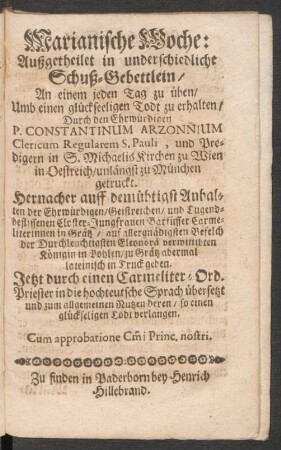 Marianische Woche: Außgetheilet in underschiedliche Schuß-Gebettlein.