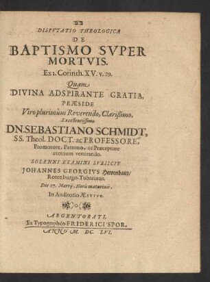 Disputatio Theologica De Baptismo Super Mortuis : Ex 1. Corinth. XV. v. 29.