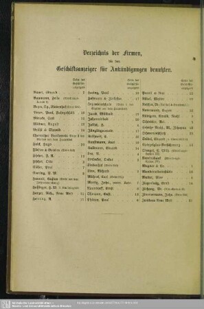 Verzeichnis der Firmen, welche den Geschäftsanzeiger für Ankündigungen benutzten