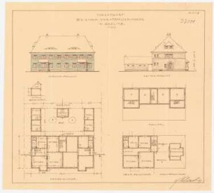Wohnhaus für vier Familien, Beelitz: Grundriss 1:200: Keller, Erdgeschoss, Obergeschoss, Dachgeschoss; Aufriss 1:200: Vorderansicht, Seitenansicht; Querschnitt des Stallanbaus 1:200