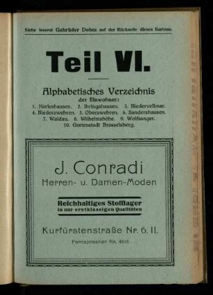 Alphabetisches Verzeichnis der Einwohner: Harleshausen, Ihringshausen, Niedervellmar, Niederzwehren, Oberzwehren, Sandershausen, Waldau, Wilhelmshöhe, Wolfsanger, Gartenstadt Brasselsberg