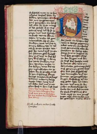 Historisierte Initiale: Anna von Klingnau, kniend und betend vor einem Altar, auf dem zwischen zwei Leuchtern der segnende Jesusknabe in weißem, rotgetupftem Gewand