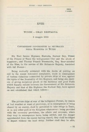 XVIII Tunisi - Gran Bretagna 2 maggio 1812