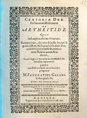 Centuriae Duae Positionum Medicarum De Arthritide