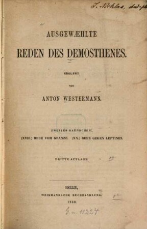 Ausgewaehlte Reden des Demosthenes : Erkl. v. Anton Westermann. 2