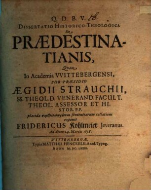 Dissertatio Historico-Theologica De Praedestinatianis