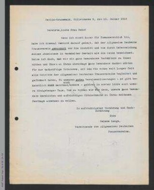 Brief von Helene Lange an Pauline Bohn