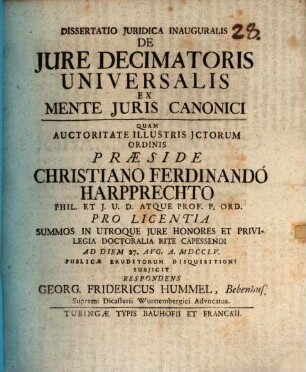Diss. iur. inaug. de iure decimatoris universalis ex mente iuris canonici