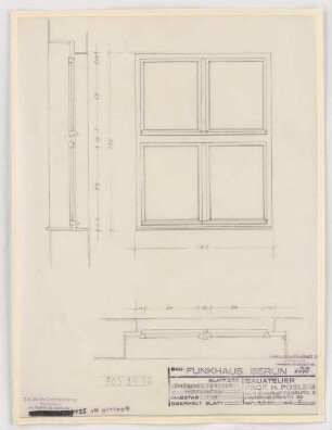 Haus des Rundfunks, Berlin-Charlottenburg: einfaches Fenster Hoffronten, Aufriss, Grundriss, Schnitt 1:10