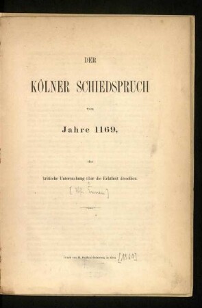 Der Kölner Schiedspruch vom Jahre 1169