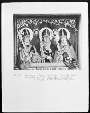 Rückseite der Predella — Linkes Bildfeld: die heiligen Bischöfe Dionysius, Martialis und Nikolaus