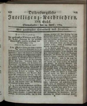 XVII. Stück. Sonnabends: den 24. April, 1784.