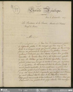 Eigenh. Brief auf Vordruck von Abel Rémusat an August Wilhelm von Schlegel, Paris, 04.11.1827