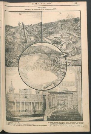[Vistas de] Costa Rica. Terremoto de San José el 30 de Diciembre de 1888. : 1. Cráter del volcán Poás. - 2. Frontispicio de la Catedral después del terremoto. - 3. Interior de la Catedral después del terremoto. -Parte del coro, arruinado. - 4. Lugar, cerca del Poás, donde fueron encontrados los cadáveres de Rafael Castro y sus hijos, arrastrados por el alud de tierra que ocasionó el terremoto. - 5. Casa de Rafael Castro arrastrada y desecha por el alud de tierra.