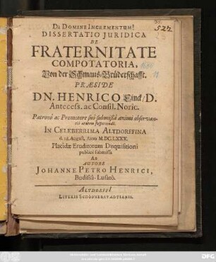 Dissertatio Iuridica De Fraternitate Compotatoria