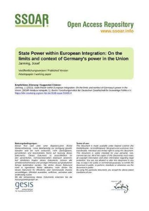 State Power within European Integration: On the limits and context of Germany's power in the Union