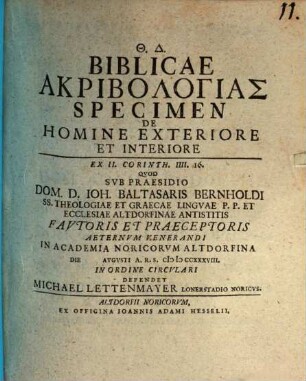Biblicae akrïbologias specimen, de homine exteriore et interiore : ex II. Corinth. III. 16