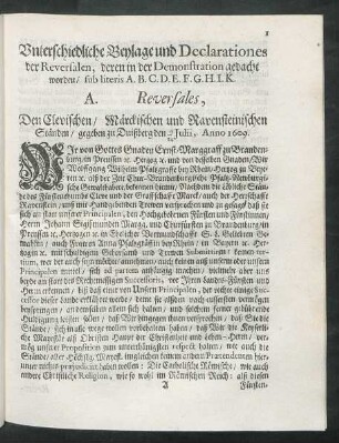 A. Reversales, Den Clevischen/ Märckischen und Ravensteinischen Ständen/ gegeben zu Duißberg den 4/ 14 Julii, Anno 1609.