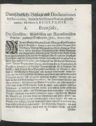 A. Reversales, Den Clevischen/ Märckischen und Ravensteinischen Ständen/ gegeben zu Duißberg den 4/ 14 Julii, Anno 1609.